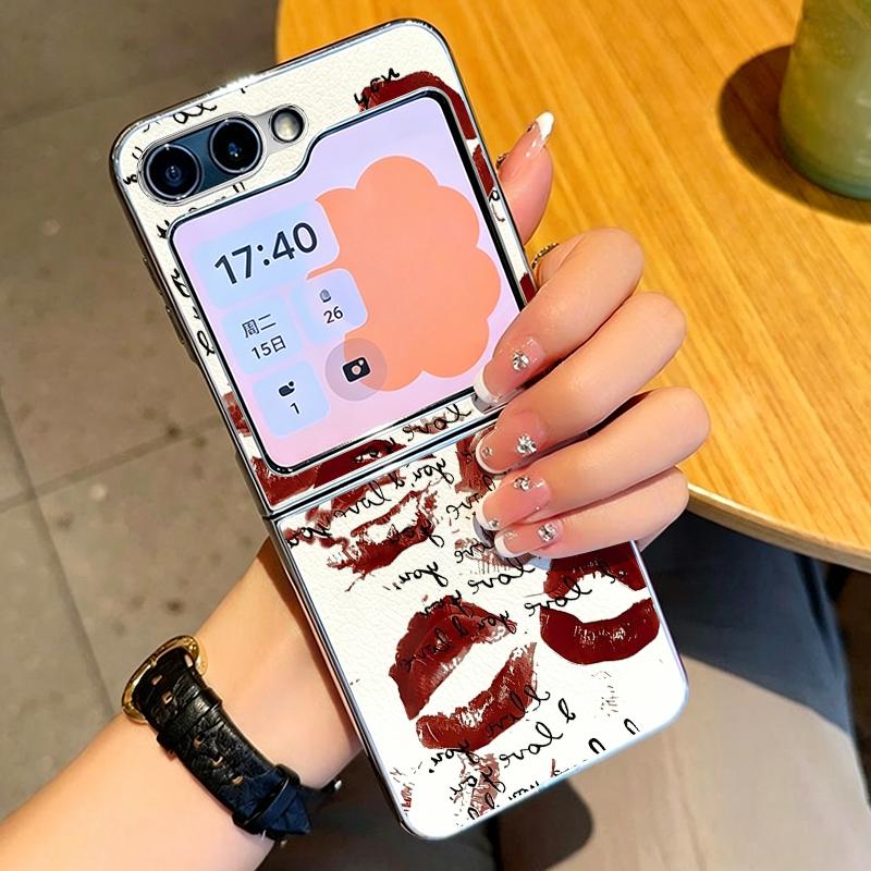 Fashion Kiss Lips Pattern Case For Samsung Galaxy Z FlIP 7 FE 6 5 Plating PC+PU Leather Hybrid Folding Cover For Samsung Z Flip7 Flip6 Flip5