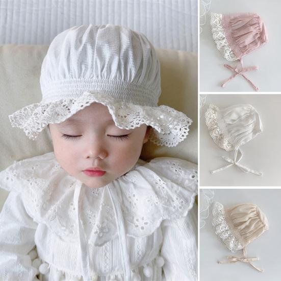Newborn Baby Hat Lace Brim Rounded Top Solid Color Lace-up Beanie Hat Sun-Protection Accessories Cute Infant Cotton Bonnet Summer