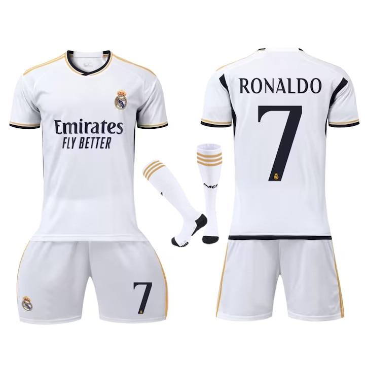Real Madrid CR7 Kids Soccer Jersey Set No.7 Ronaldo Shorts Socks White Youth Sports Kit