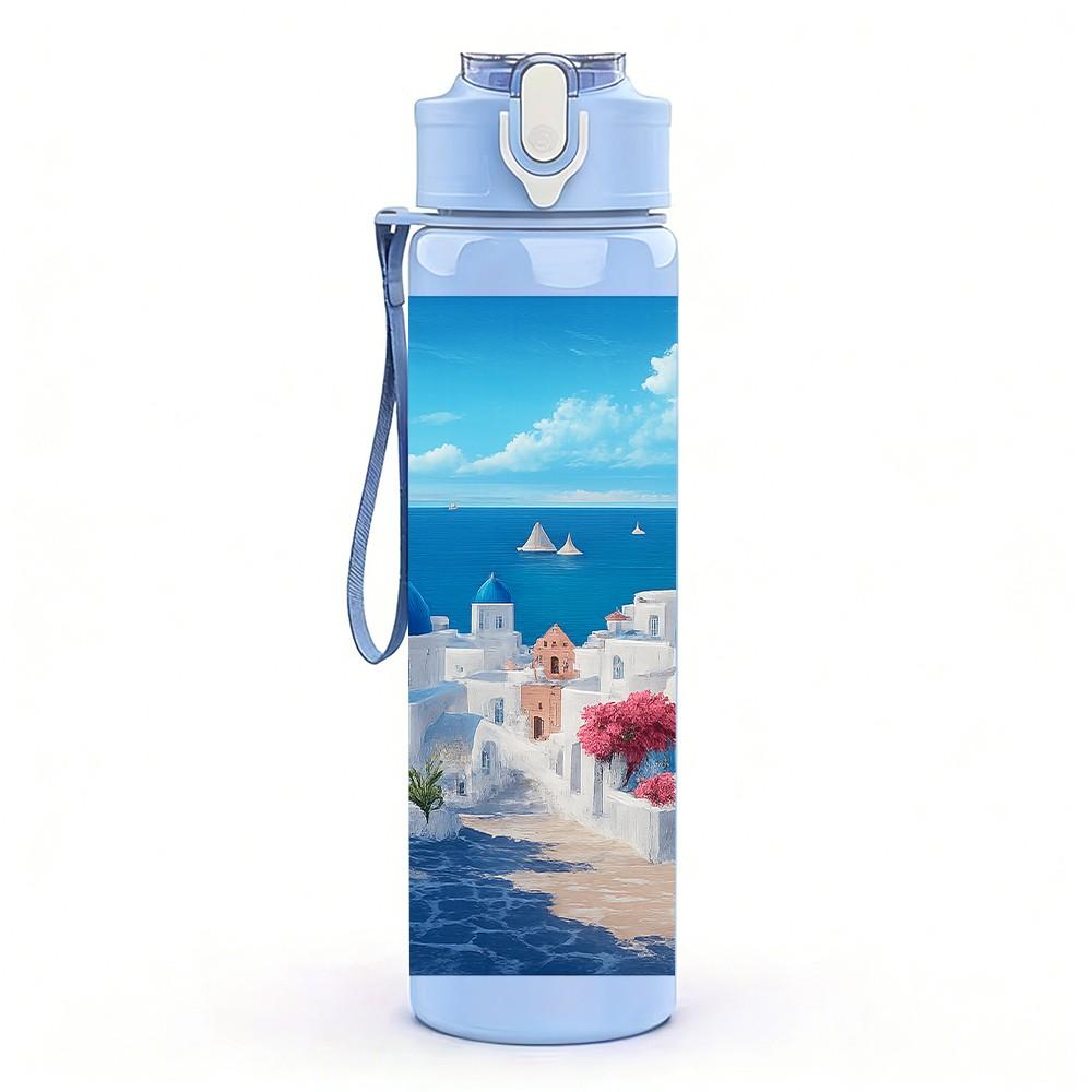 1PC Santorini Blue White Building Print 750ml Color Plastic Sports Water Bottle Leakproof Flip Straw Lid Suitable for Sports Office Home Use