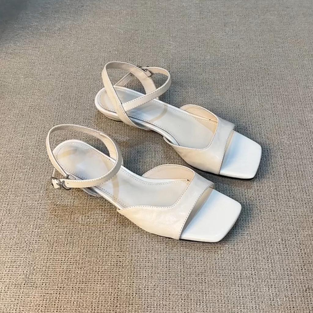 French Retro Simple One-word Buckle Sandals Women's New Versatile Low-heeled Hollow Roman Shoes