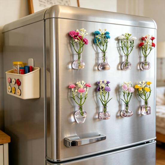 1/8/10Pcs Vertical Greenery Vase Magnetic Mini Clear Glass Propagation Vase with Faux Flowers Dorm Room Plant Decor