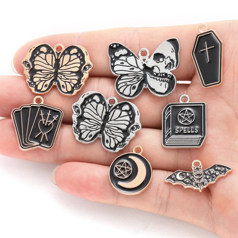 10pcs Enamel Charms Halloween Black Skull Butterfly Charms Pendant Designer CharmsFit Jewelry Making DIY Jewelry Findings W345
