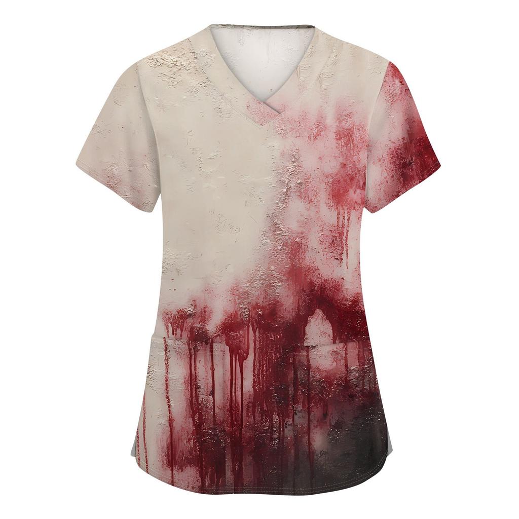 Γυναικεία Μόδα V-λαιμόκοψη Κοντομάνικη Επαγγελματική Ενδυμασία Με Τσέπες Τοπ με Αποκριάτικη Εκτύπωση