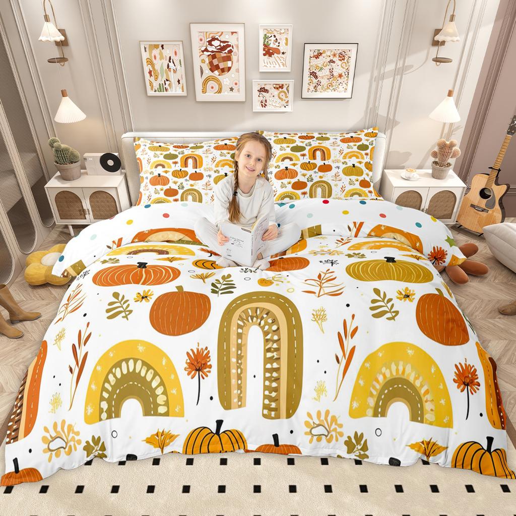 Homewish Happy Thanksgiving Day Duvet Cover Set Autumn Pumpkin Bedding Set Kawaii Turkey Fall Gnome Comforter Cover Set