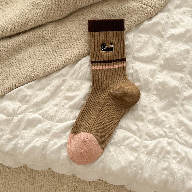 Women's Mid-calf Socks for Autumn and Winter, Warm Long Calf Socks, Retro Coffee-colored Long Socks with Stripes, Versatile and Casual for Women