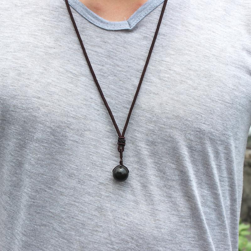 Men's and Women's Round 16mm Natural Gold Obsidian and Black Agate Pendant Necklace.