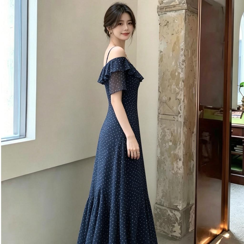 French ruffle edge polka dot dress women's summer design sense chic and beautiful waist and thin temperament off-the-shoulder dress