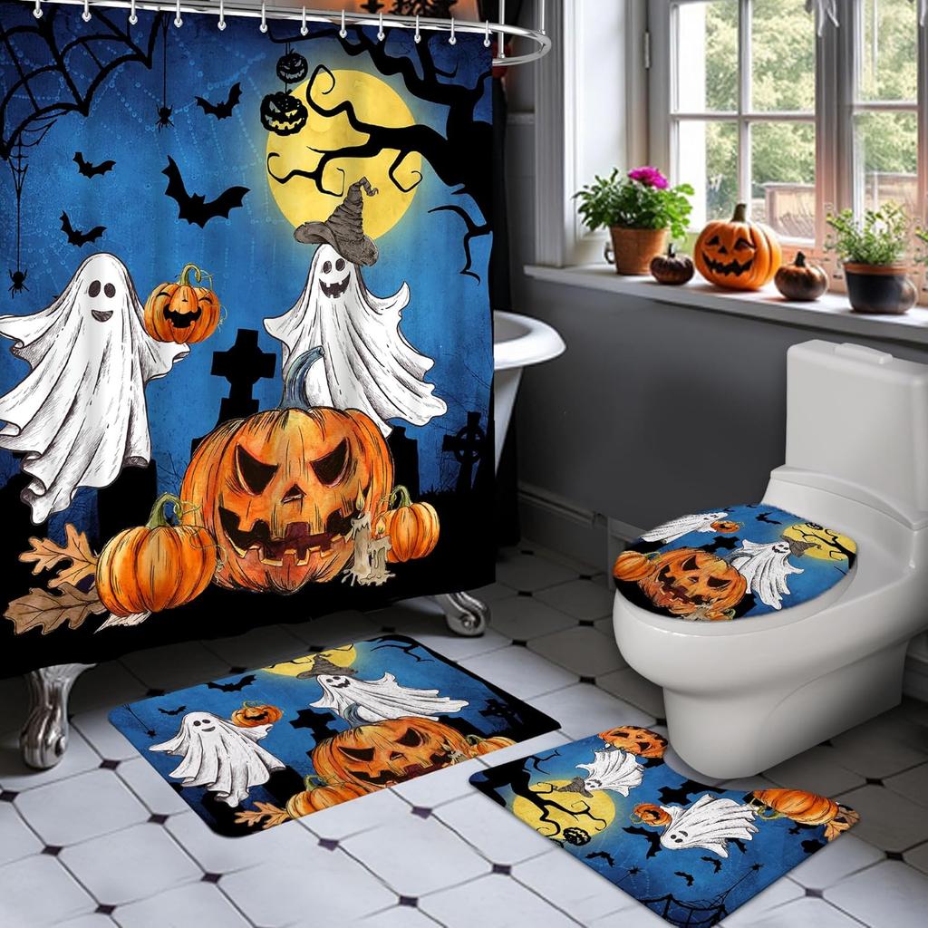 Halloween Shower Curtain Set, Halloween Bathroom Set 4, Bathroom Decor Sets With Shower Curtain And Rugs Accessories, Ghost