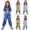 Kinder Jazz Tanz Kostüm Set Ausgeschnittenes Netz Patchwork Nummer Crop Top Kurzarm mit Glänzender Cargo Hose für Hip Hop Bühnenauftritt Wettbewerb
