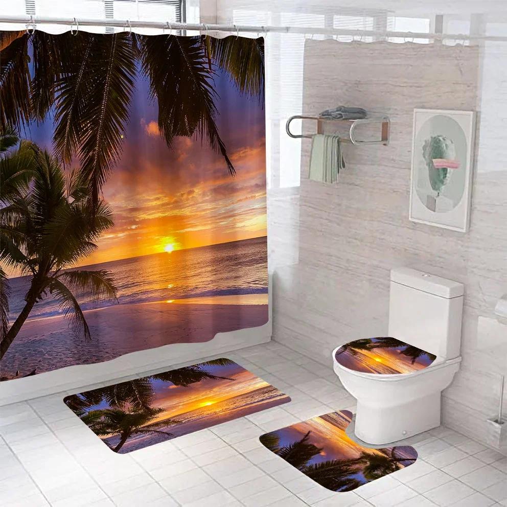3D Seascape Beach Theme Shower Curtain Sets Toilet Cover Bath Mat Carpet Rugs Bathroom Drapes Shower Curtain Set With Hooks