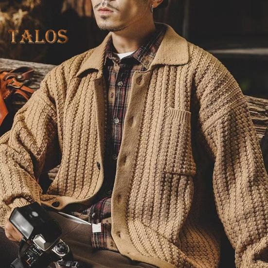 Suéter de otoño-invierno para hombre, cuello vuelto, botonadura sencilla, tejido de punto grueso con bolsillo en el pecho, mangas largas, color liso, elástico, abrigo para uso diario