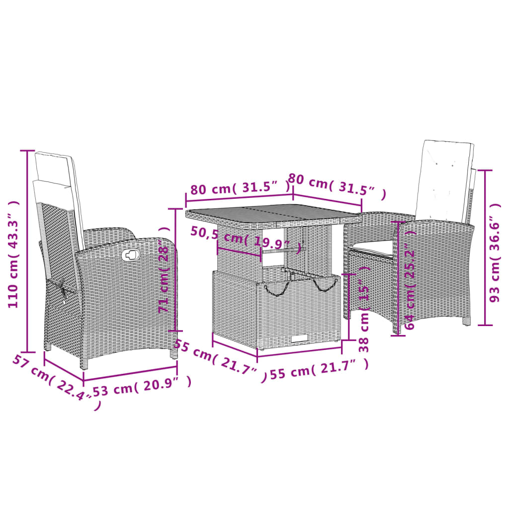 Vidaxl 3-Cz. Garden Furniture Set With Cushions, Black, PE Rattan