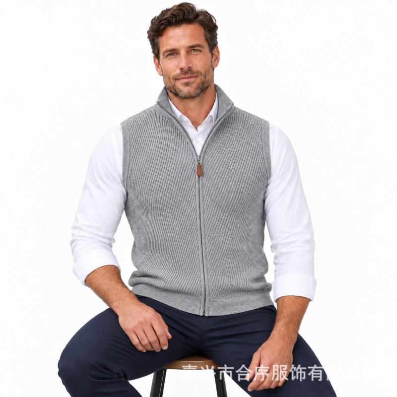 Mens Knit Vest Business Stand Collar Full Zip Slim Fit Sleeveless Sweater Winter