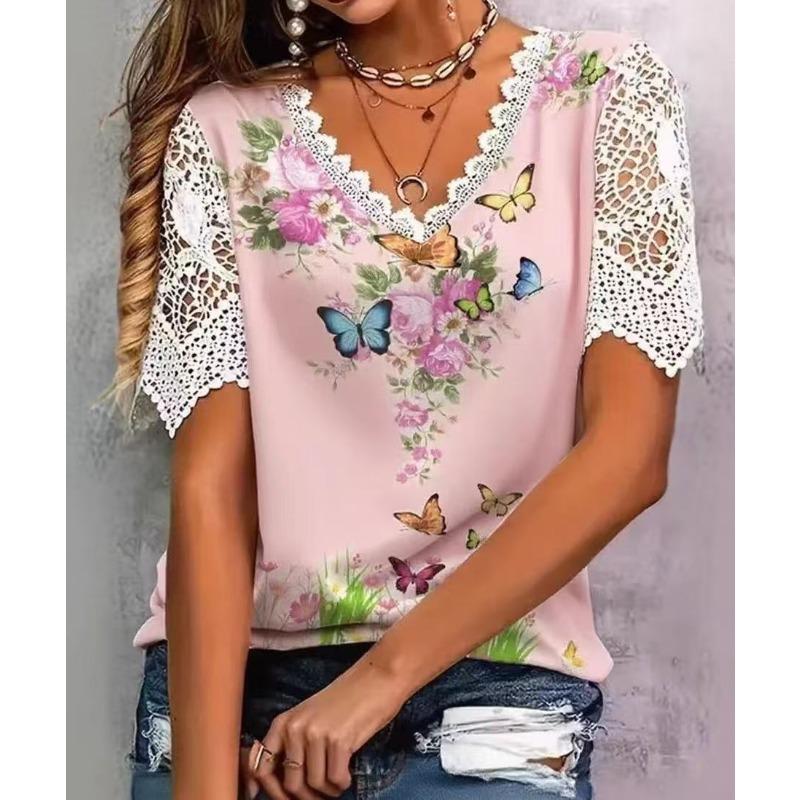 Women's Fashion Casual Summer Spring Flower Pattern Print Short Sleeve V-Neck Blouses & Shirts