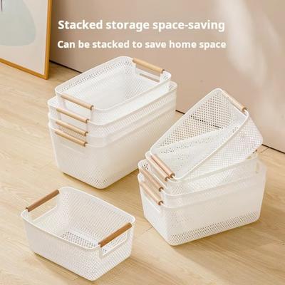 Cesto Contenitore Vuoto in Plastica Manico in Legno Rettangolare Cesto Contenitore Varie Cesto a Rete Intrecciata Multifunzionale Grande Capacità