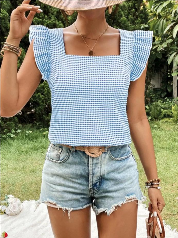 2026 Women's Plaid Square Neck Ruffle Blouse - Spring/Summer Collection