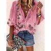 Summer Fashion Stand Up Collar Loose Button Retro Printed Casual Seven Inch Sleeves Women's Blouses & Shirts