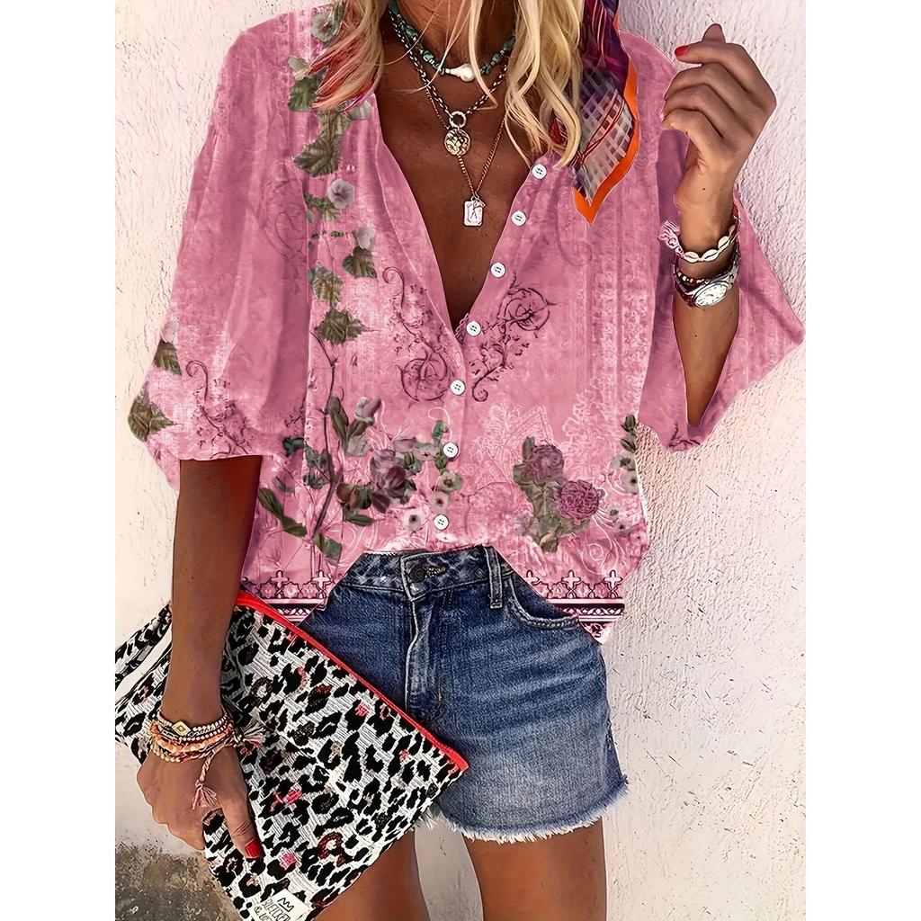 Summer Fashion Stand Up Collar Loose Button Retro Printed Casual Seven Inch Sleeves Women's Blouses & Shirts