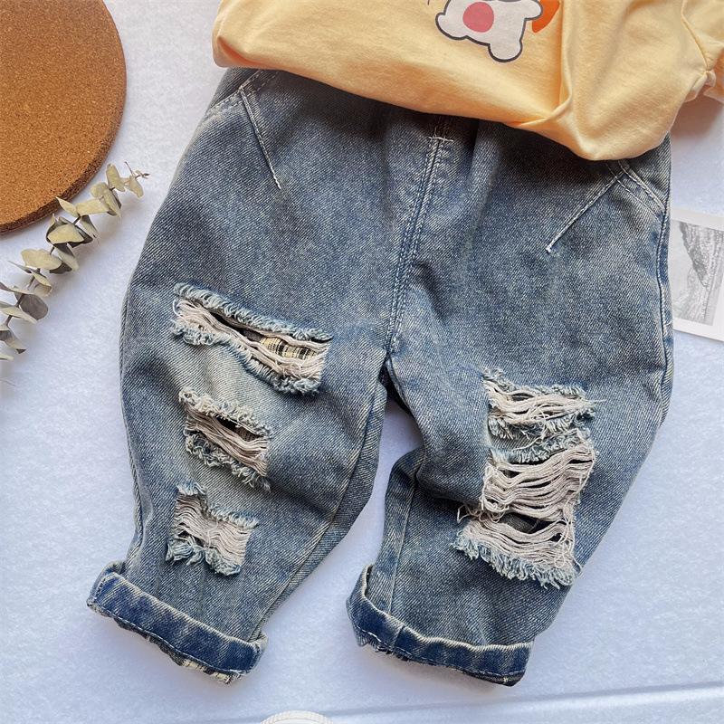 Boys' American High Street Ripped Jeans Children's Trendy Casual Straight Leg Pants Loose Pants