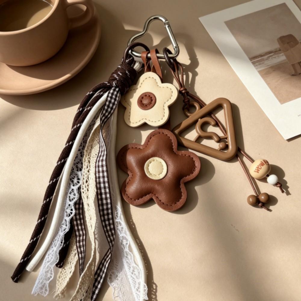 Bloem Leren Tasbedel, Boho Kant Kwastje & Acryl Hanger, Retro Bloemen Accessoire voor Dames Meisjes Tasbedel bruin