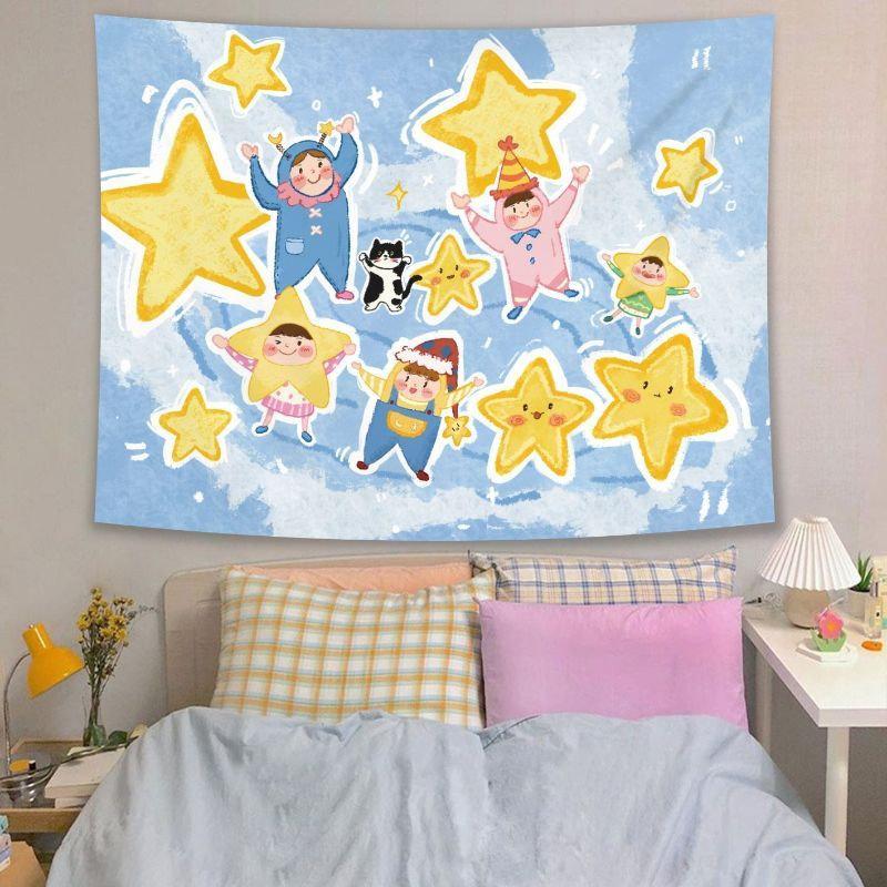 Cute Cartoon Kids and Stars Tapestry Wall Hanging Light Blue Sky Yellow Star Costume Aesthetic Wall Art Bedroom Decor