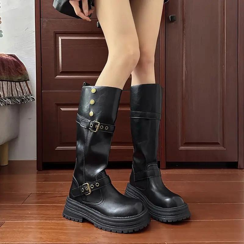 Long Boots  Autumn New Item Thick Sole Versatile Height Increasing Lapel Knight Boots For Women