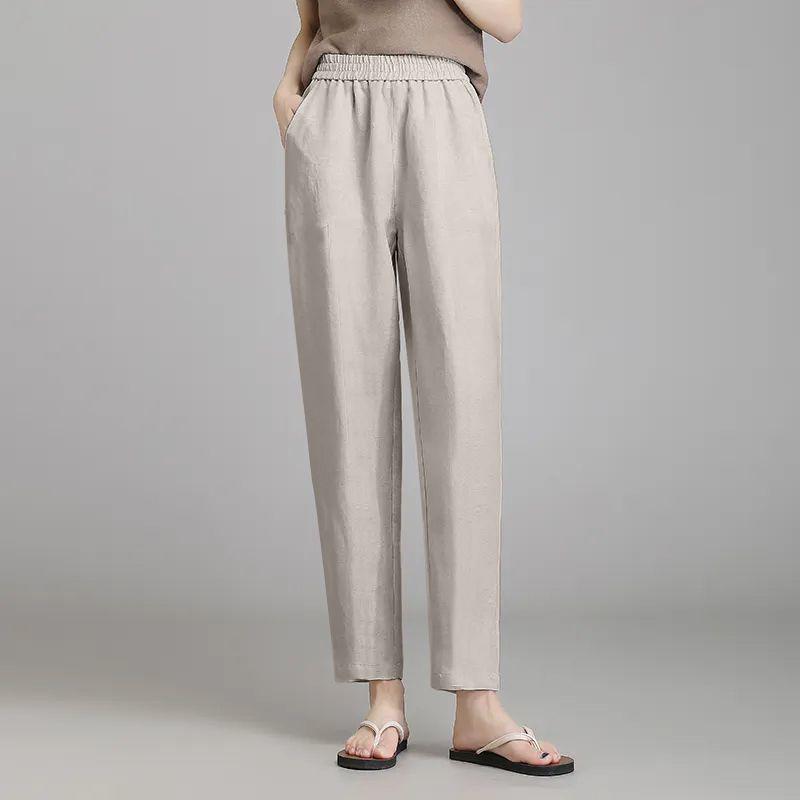 Women's High Waist Linen Harem Pants - Summer, Loose, Nine-Point, Ice Silk, Slimming, Casual, Thin.