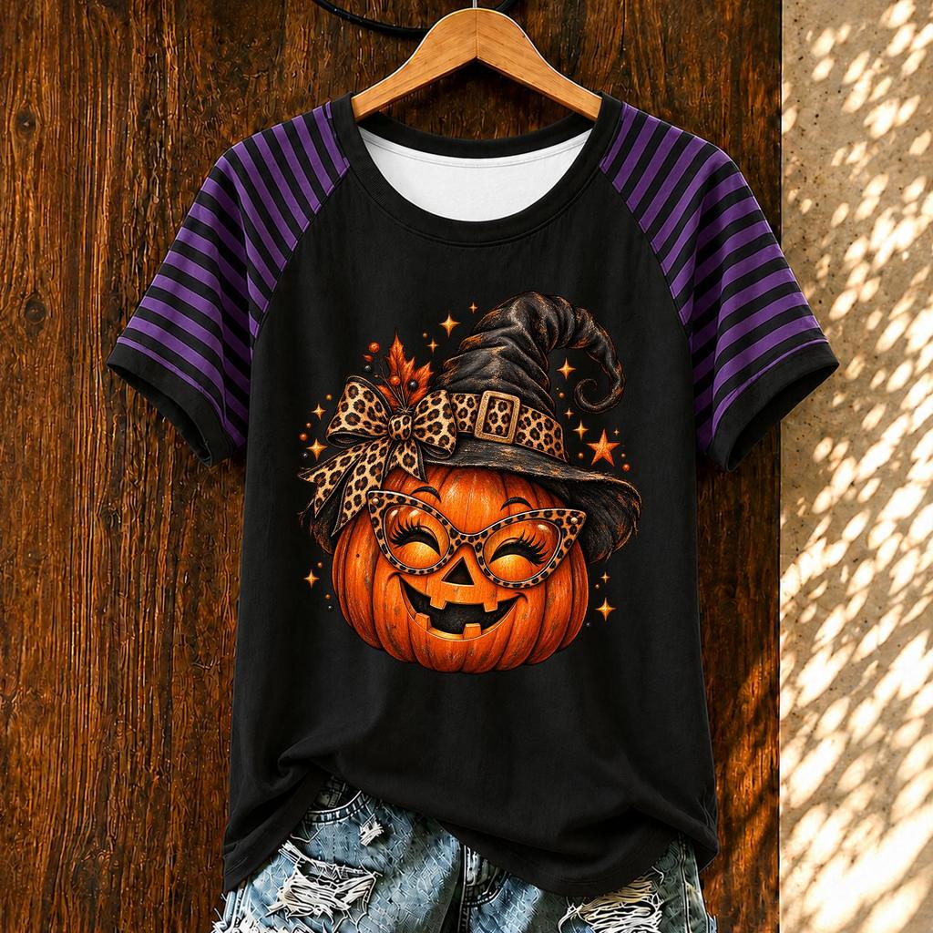 Women's Casual Halloween Striped Print Short Sleeve T-Shirt