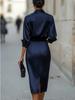 2026 Elegant Swing Collar Solid Color Long Sleeve Women's Dress