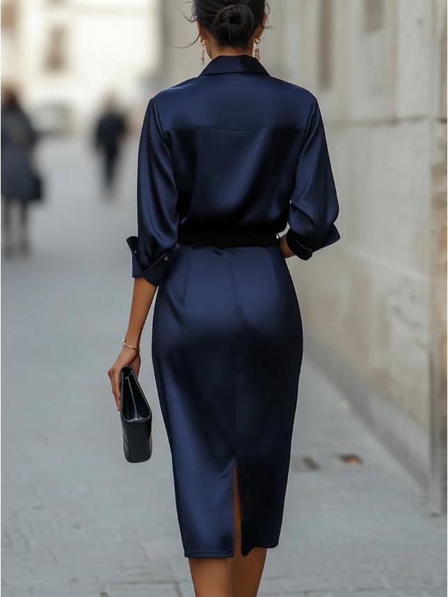 2026 Elegant Swing Collar Solid Color Long Sleeve Women's Dress