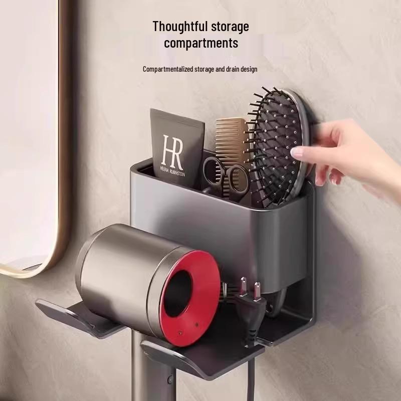 Punch-Free Wall-Mounted Hair Dryer Holder and Storage Rack