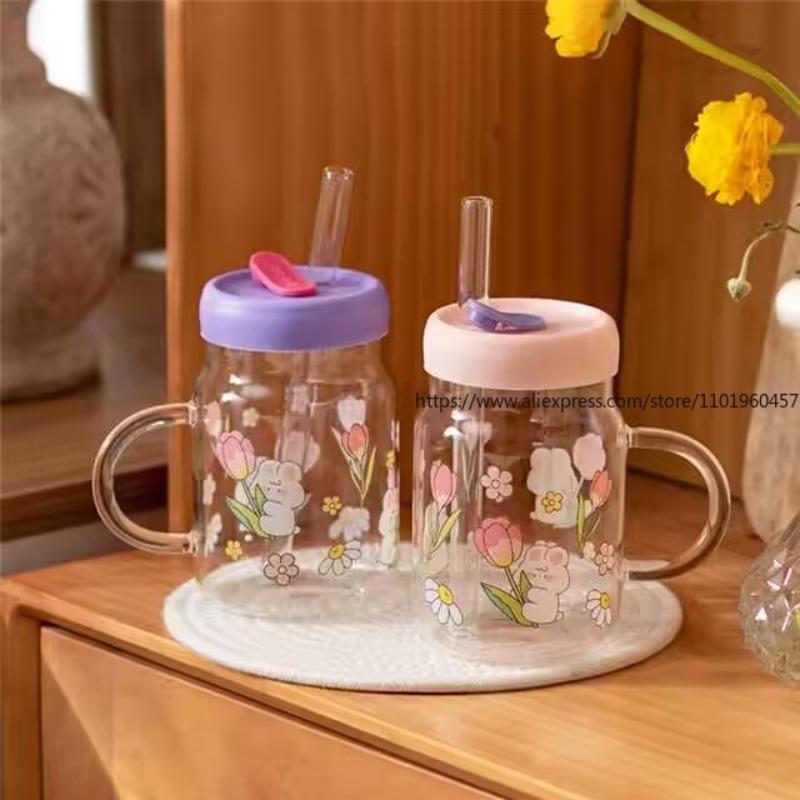 Bubble Texture Glass Cup with Flower Rabbit Print Lid Straw Included For Home Milk Dessert Coffee Daily Use