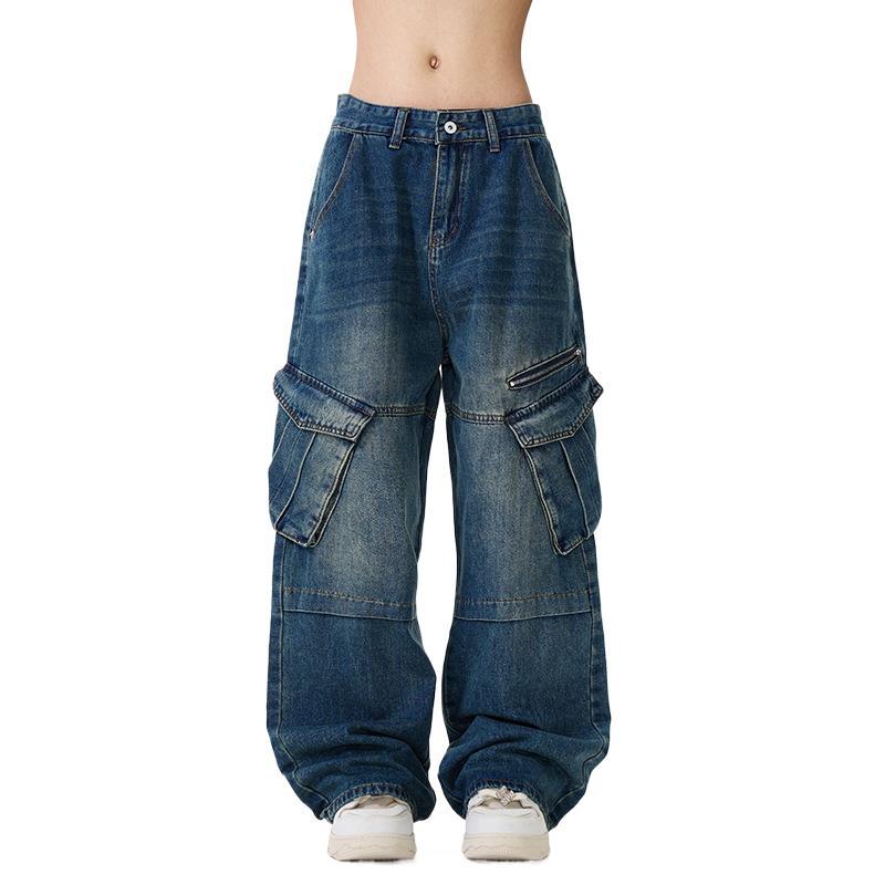American Street Hip-hop Jeans Men's Multi-pocket Design Washable Zipper Wide-leg Pants