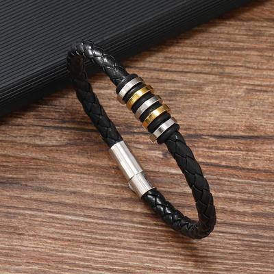 Men's Trendy Minimalist Leather Bracelet with Colorful Stainless Steel Accents
