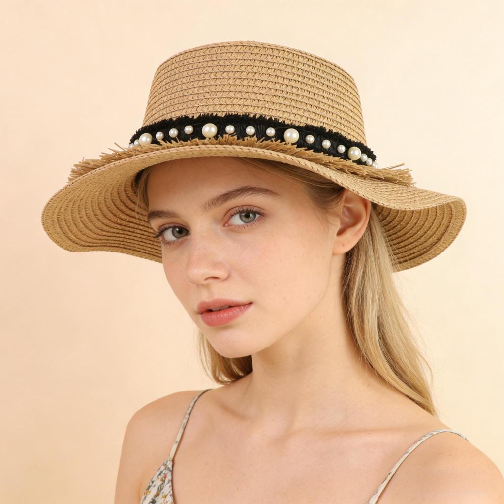 Summer Beach Hat Women's Flat Top Small Gift Hat Breathable Sun Protection Hat Grass Woven Retro