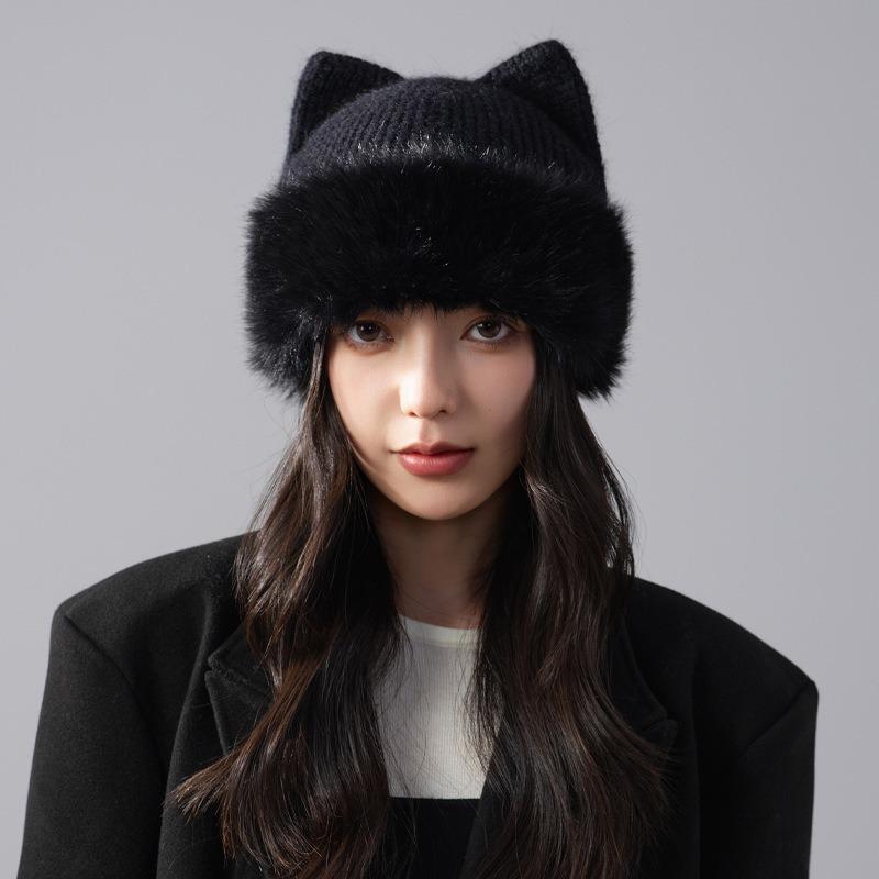 Women S Korean Style Cute Cat Ear Knit Beanie Winter Warm Fleece Lined Large Head Size Hat