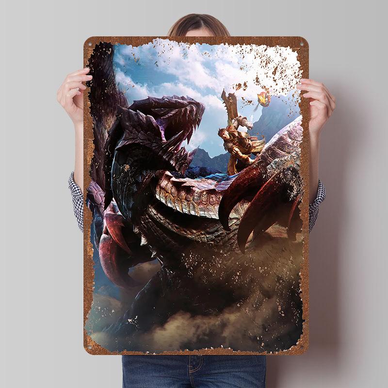 MMonster Hunter Tinplate Posters Custom Wall Art Vintage Metal Signs Retro Tin Plaque for Gaming Decoration Room Bar Accessories