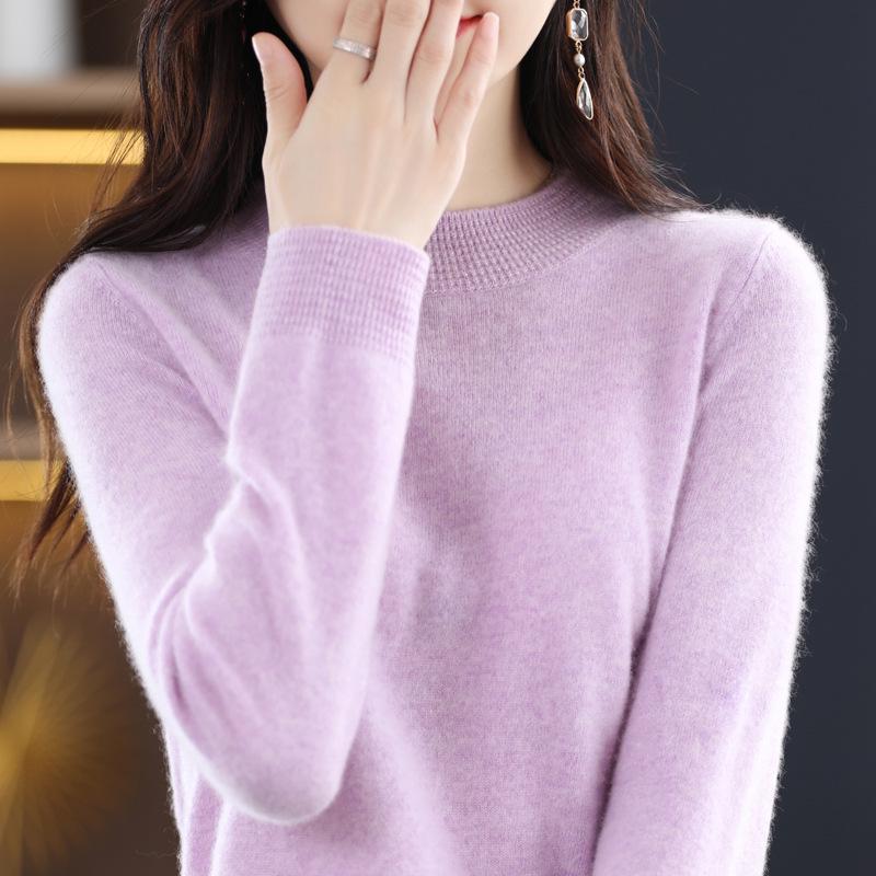 Women's Cashmere Sweater - Autumn/Winter, Solid Color, Loose Pullover, Half-High Collar, Korean Style, Long Sleeve Knit Wool Base Layer.
