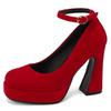 Block High Heels Platform Pumps Shoes Woman Round toe Ankle Strap Flock Black Red Heeled Party Wedding Office Shoes Ladies