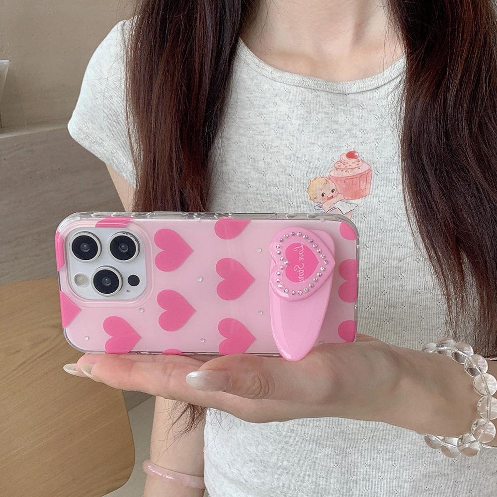 Cute Pink Heart Love Pattern Bracket Stand Holder Phone Case for IPhone 16 15 14 13 Pro Max Shockproof Slim Soft Bumper Cover