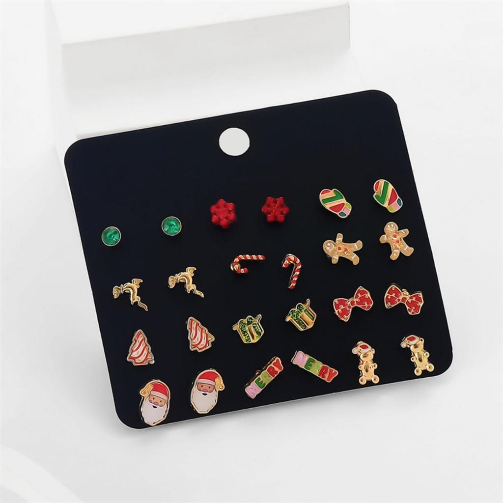 12Pairs/Set Christmas Santa Claus Gift Box Snowflake Tree Deer Gingerbread Crutch Bow Stud Earrings For Women Men Party Jewelry