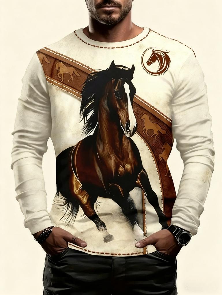 Men's T-Shirt Running Horse Graphic 3D Print Fashion Long Sleeve Crew Neck Unisex Tee Shirt Casual Summer Personality Men's Top