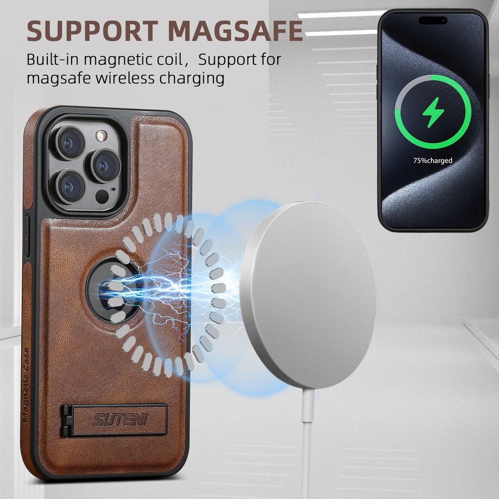 SUTENI G2 For iPhone 15 Pro Magnetic Case Litchi Texture Leather+TPU Cover with Kickstand