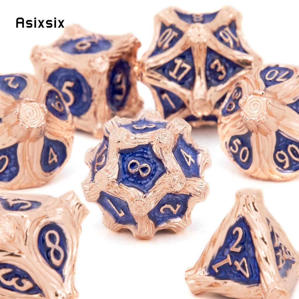7 Pcs Copper Blue Tree Stump Root Metal Dice Solid Metal Polyhedral Dice Set Suitable for Role-Playing RPG  Board Game Card Game