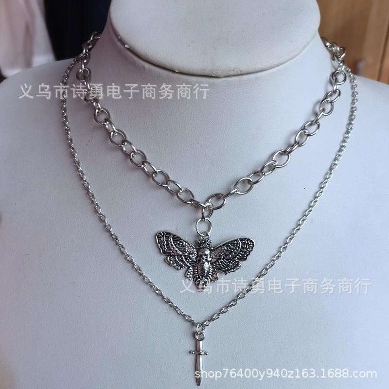 Gothic Silver Skull Moth Dagger Necklace Pendant