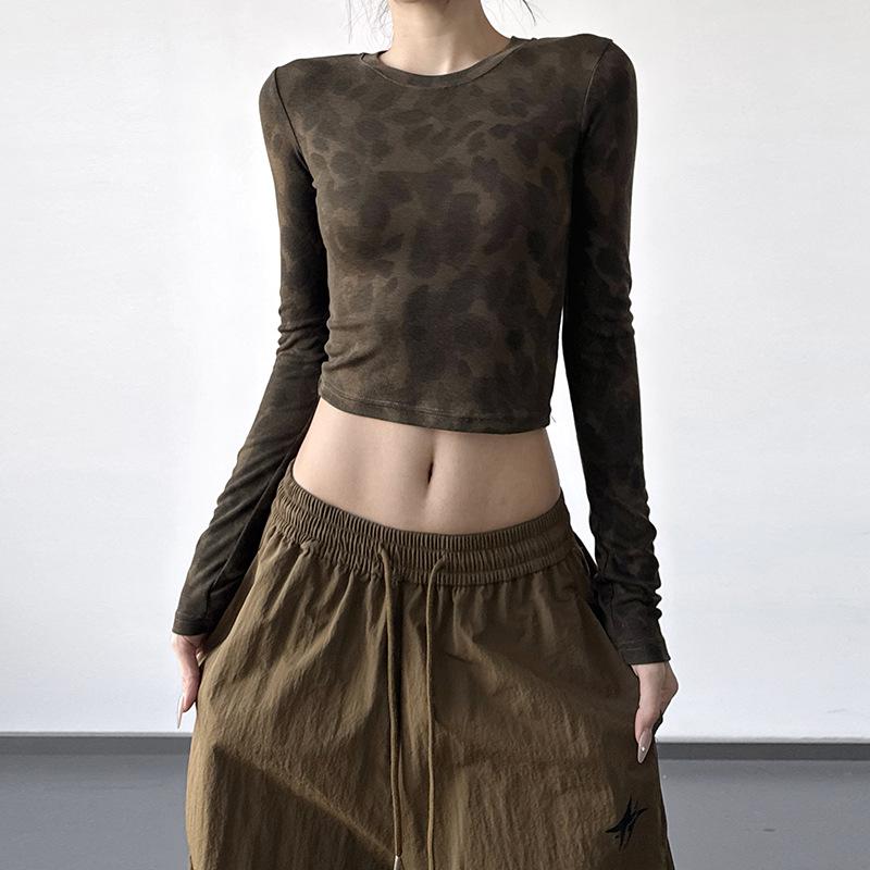 Women s Retro Leopard Print Slim-Fit Long Sleeve Round Neck T-Shirt - Stylish Autumn/Winter 2025 New Arrival M армия зеленый