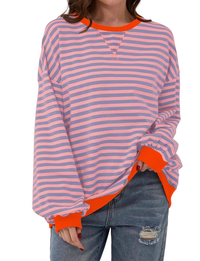 2026 Striped Floral Round Neck Spring Long Sleeve Color Block Pullover T-shirt