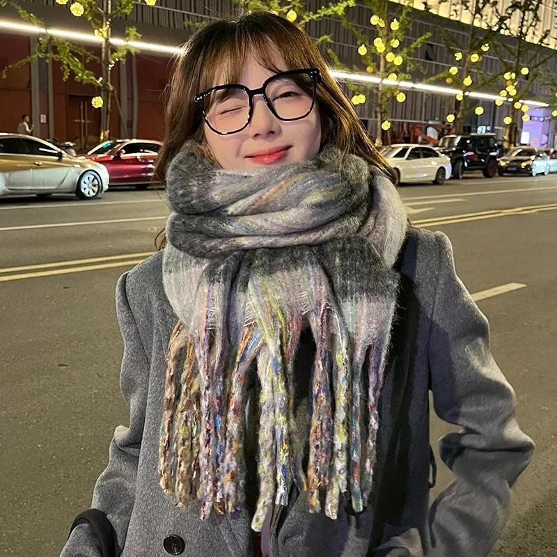 Chic Design Plaid Mohair Scarf Women Korean Version Streetstyle Imitation Cashmere Muffler Female Warm Soft Thick Shawl Ladies