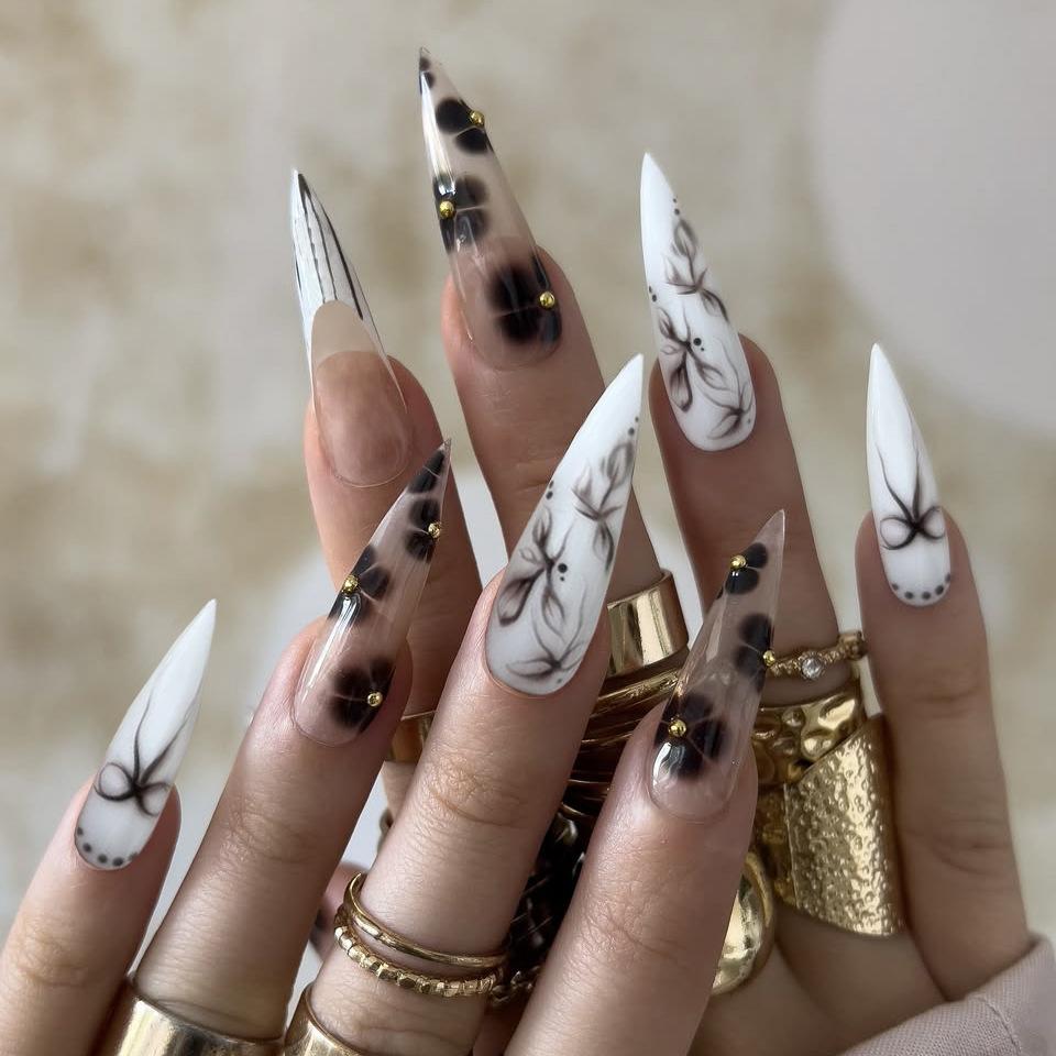 24Pcs Wine Red French Stiletto Press On Nails With 3D Bow Cherry Pearl Decor Detachable Fake Nail Tips